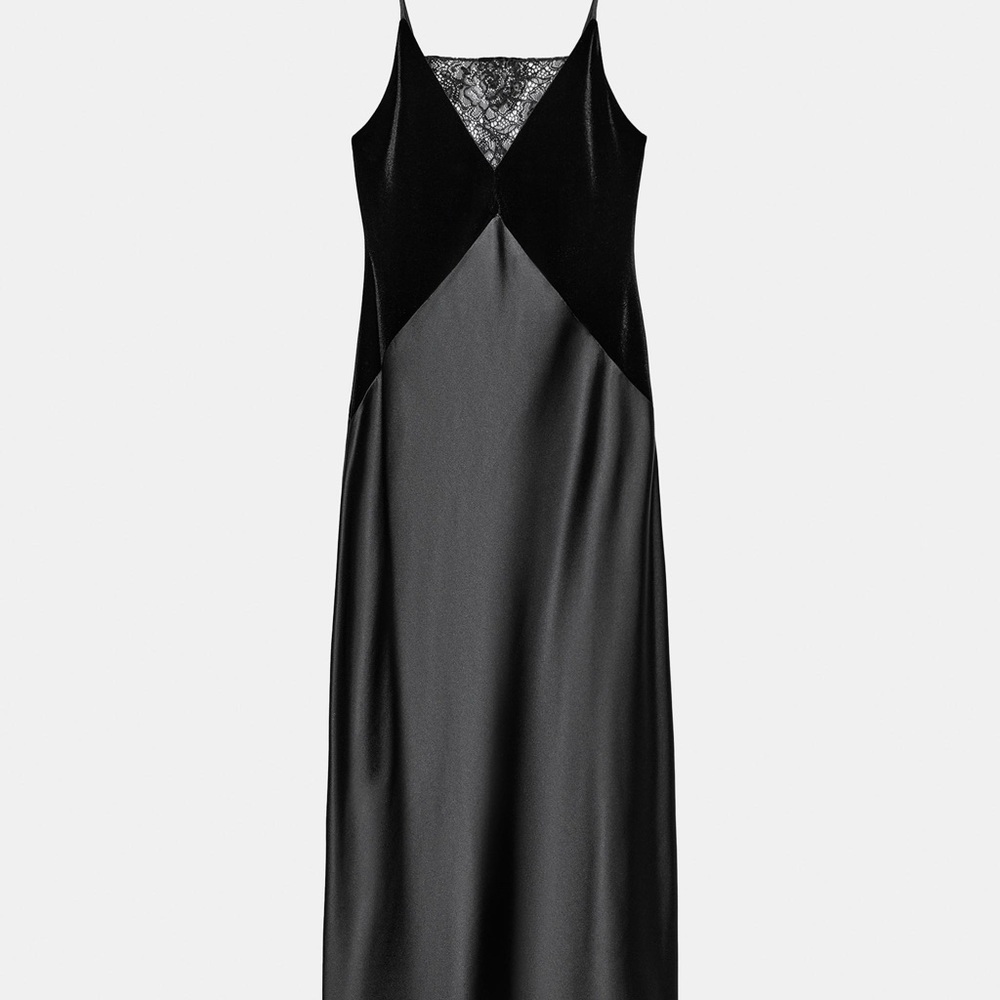 ZARA Black Velvet & Satin Lace Inset Midi Slip Dress - Size M - Picture 11 of 14